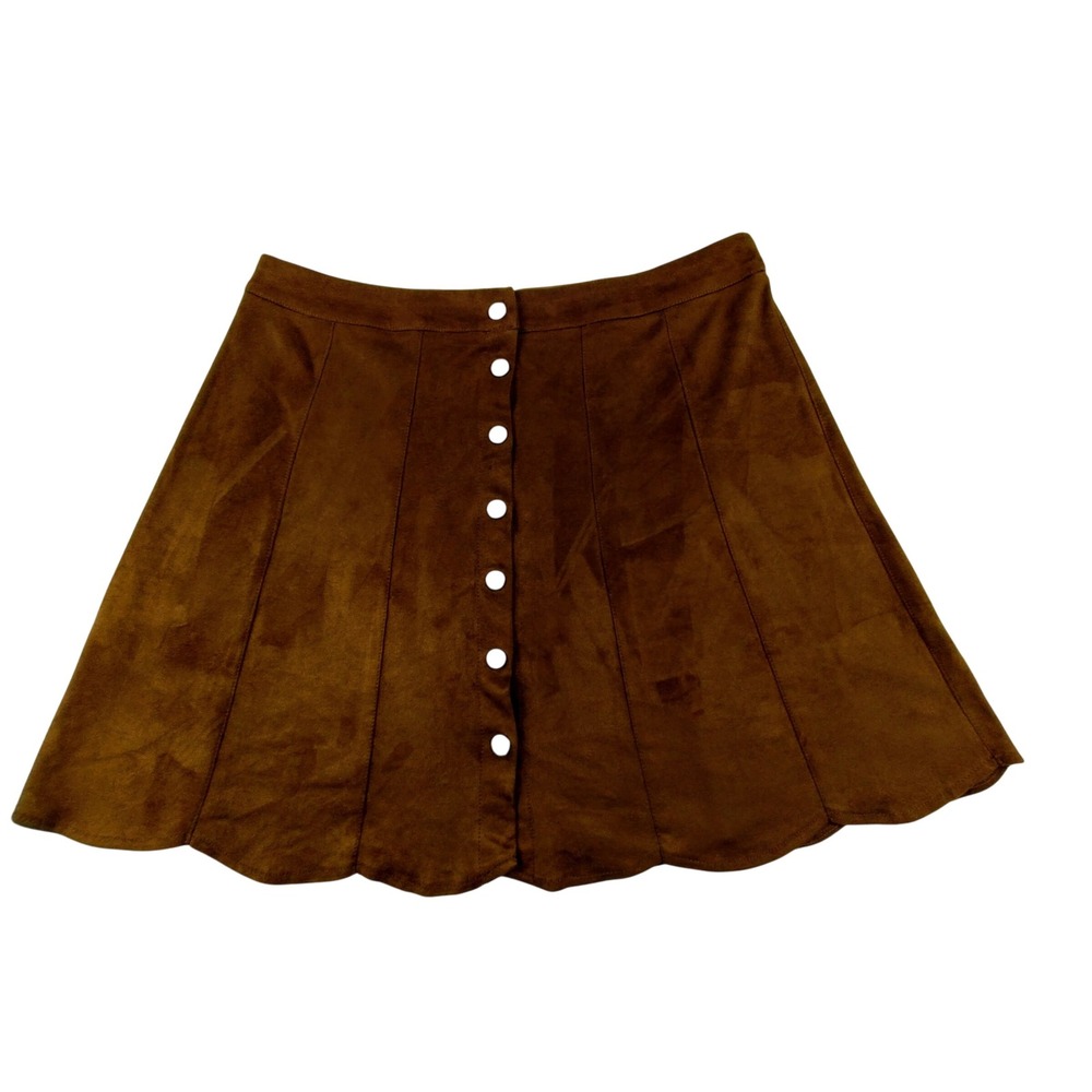 Evenuel Mini‎ Skirt Women Large Brown Faux Suede Snap Front Western Cowgirl Boho